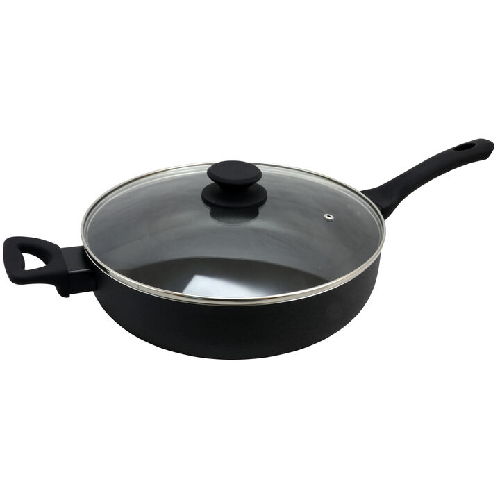 Oster Ashford 5 Quart Aluminum Saute Pan with Tempered Glass Lid in Black