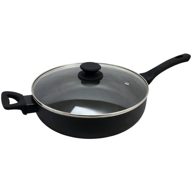 Oster Ashford 5 Quart Aluminum Saute Pan with Tempered Glass Lid in Black