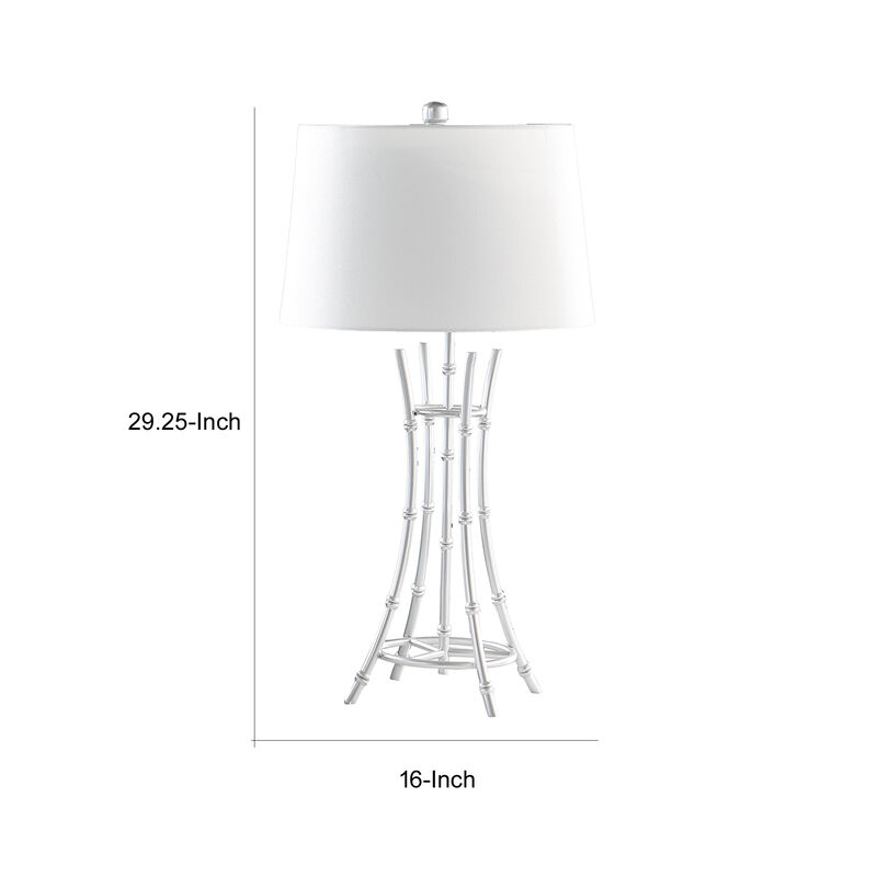 Lisi 29 Inch Table Lamp, White Shade, Silver Mettalic Bamboo Style Base - Benzara