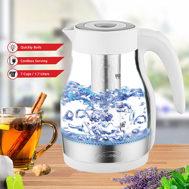 Brentwood Glass 1.7 Liter Electric Kettle with Tea Infuser in White