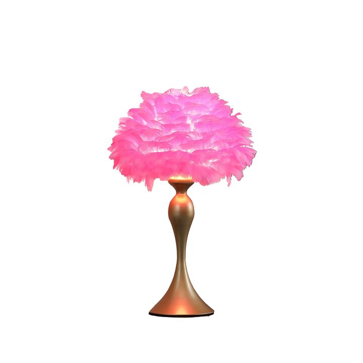 Lily 24 Inch Metal Glam Feather Table Lamp, Candlestick, 40W, Pink, Red-Benzara