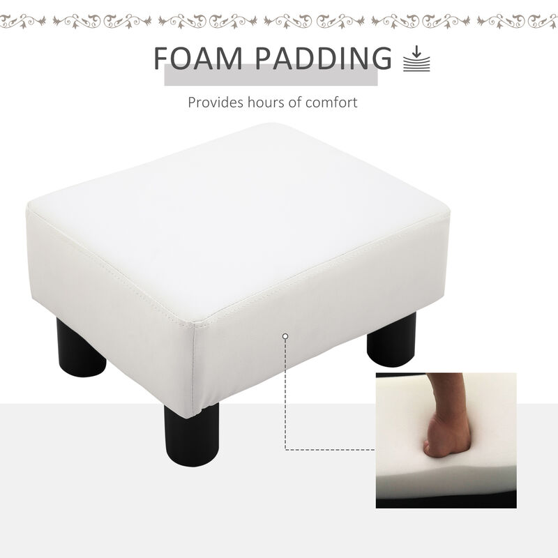 HOMCOM Ottoman Foot Rest, Small Foot Stool with Faux Leather Upholstery, Rectangular Ottoman Footrest with Padded Foam Seat and Plastic Legs, Bright White