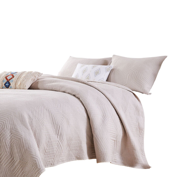 3 Piece Microfiber Full Size Quilt Set with Geometric Print, Cream - Benzara