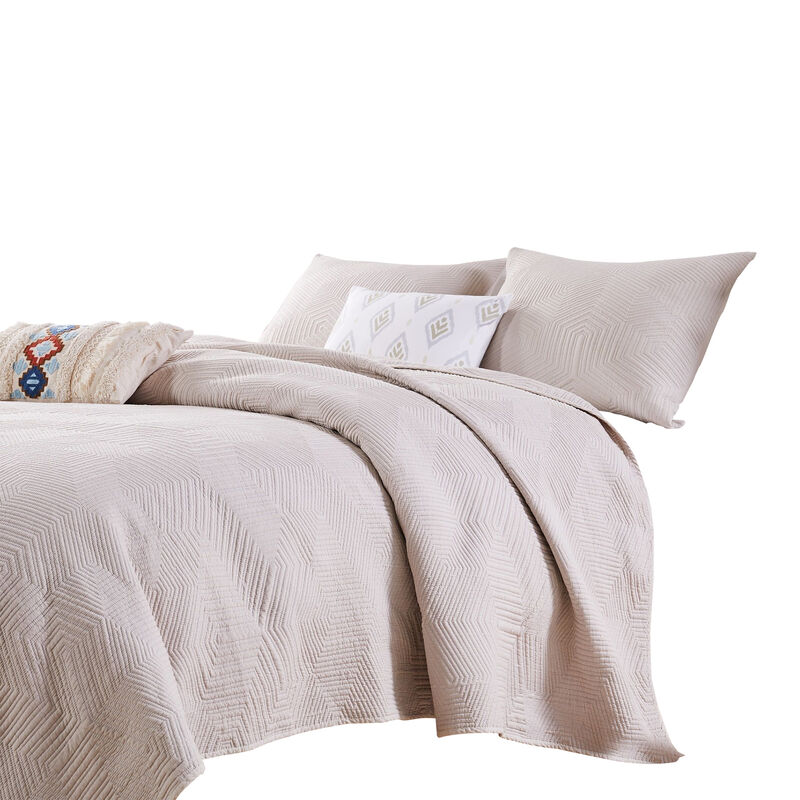 3 Piece Microfiber Full Size Quilt Set with Geometric Print, Cream - Benzara