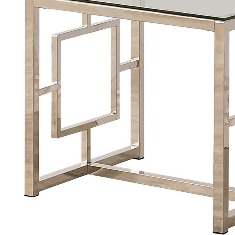 Tempered Glass Top End Table with Lattice Cut Out Panels, Silver and Clear-Benzara