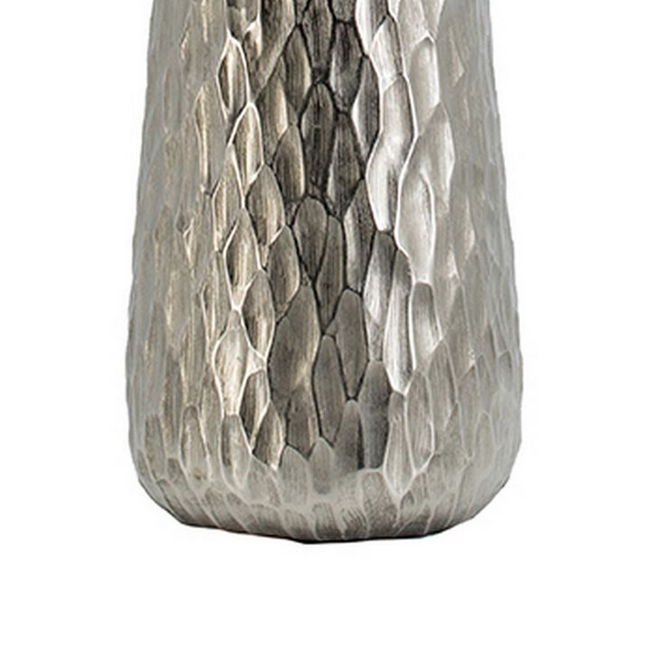 23 Inch Tall Oblong Vase, Diamond Textured, Tapered, Aluminum, Silver - Benzara