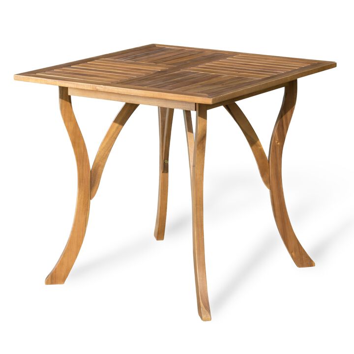 Olen Outdoor Dining Table, Slatted Square 32 Inch, Brown Acacia Wood - Benzara