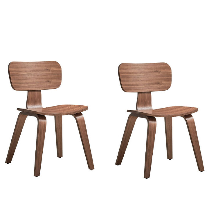 Aon 22 Inch Side Dining Chair Set of 2, Curved Back, Wood, Walnut Brown - Benzara