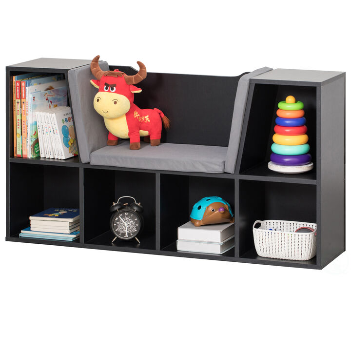 White Modern Multi-Purpose Bookshelf with Storage Space and Gray Cushioned Reading Nook