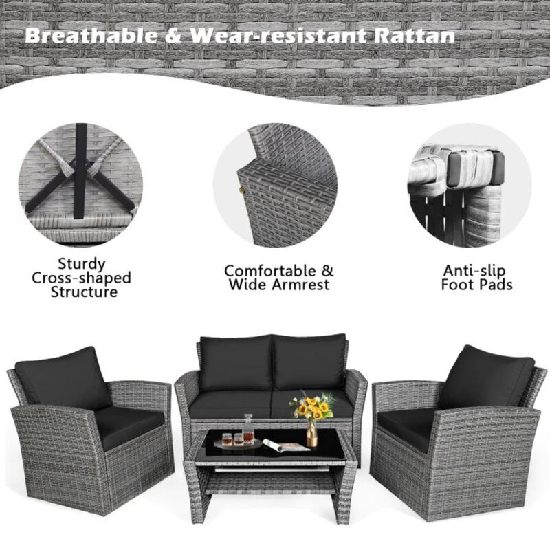 Hivvago 4 Pieces Patio Rattan Furniture Set Sofa Table with Storage Shelf Cushion