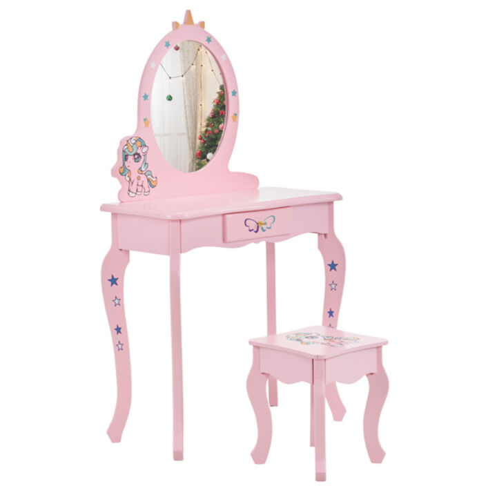 Kids Unicorn Vanity Table & Chair Set Mirror & Stool for Pretend Play