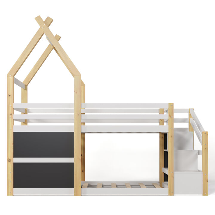 Twin Over Twin House Bunk Bed With White Storage Staircase And 2 Blackboards, White And Natural