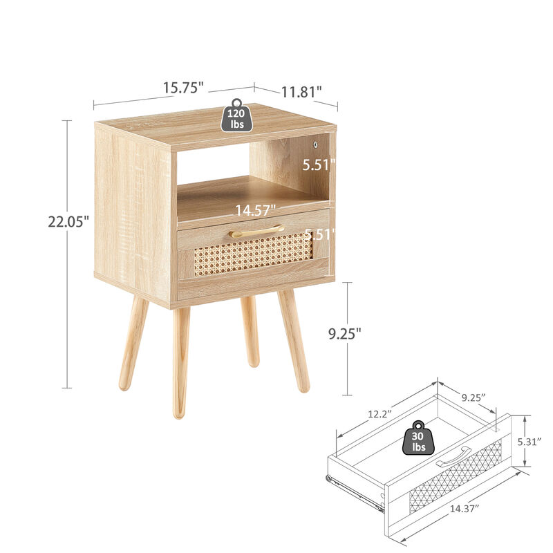 Rattan End table with drawer and solid wood legs, Modern nightstand, side table for living roon, bedroom,natural