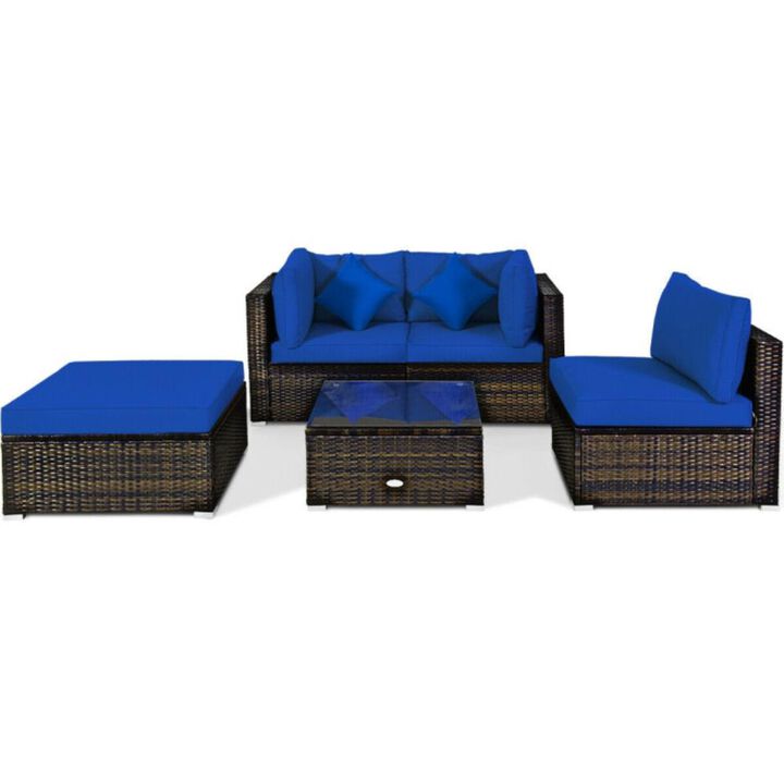 Hivvago 5 Pcs Outdoor Patio Rattan Furniture Set Sectional Conversation with Navy Cushions
