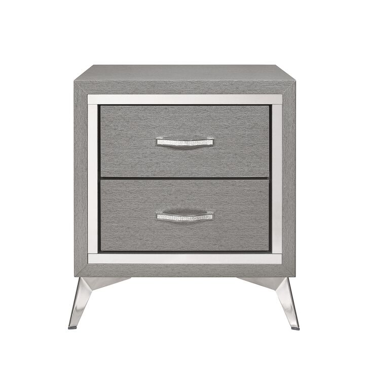 Haya 24 Inch 2 Drawer Nightstand, Embossed Smooth Gray Wood, Silver Trim - Benzara