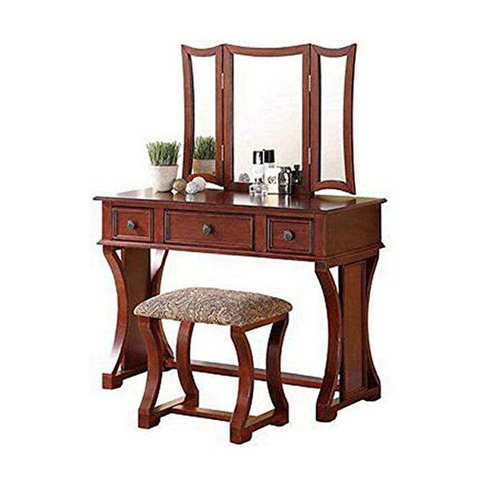 Modish Vanity Set Featuring Stool And Mirror Cherry Brown-Benzara