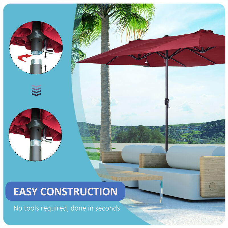 15' Outdoor Double Sided Market Patio Umbrella  Steel Rectangular - Wine Red