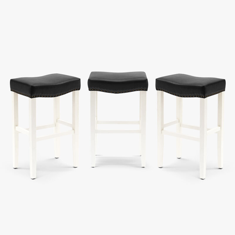 WestinTrends 29" Upholstered Saddle Seat Antique White Bar Stool (Set of 3)
