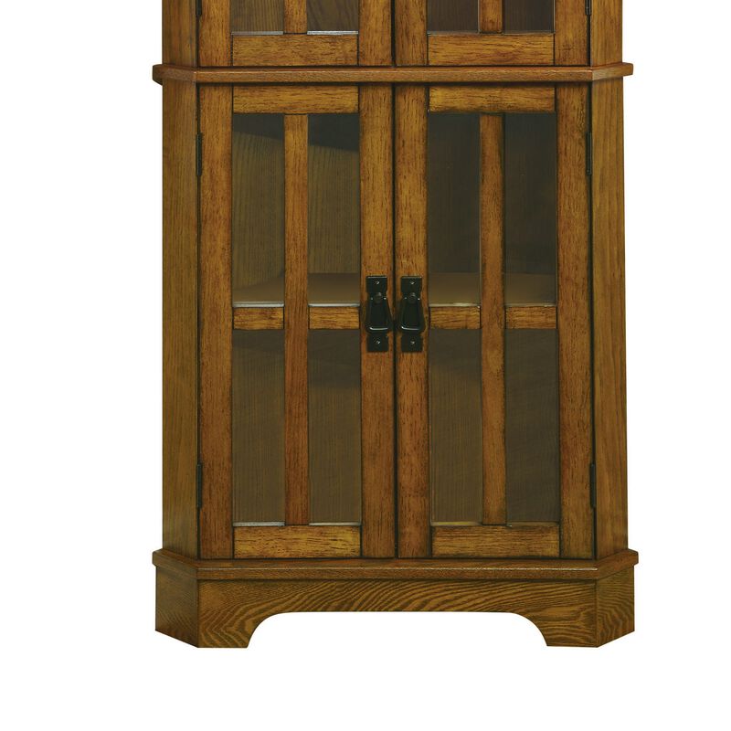 Corner Curio Cabinet With Windowpane Style Door Fronts, Brown-Benzara