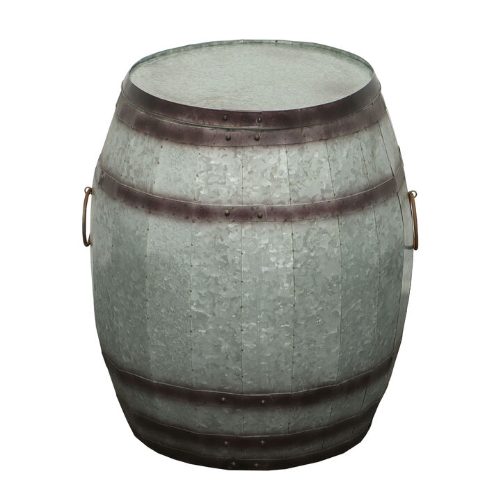 Drum Shape Metal Wine Storage Table with Removable Lid, Rustic Brown and Gray-Benzara