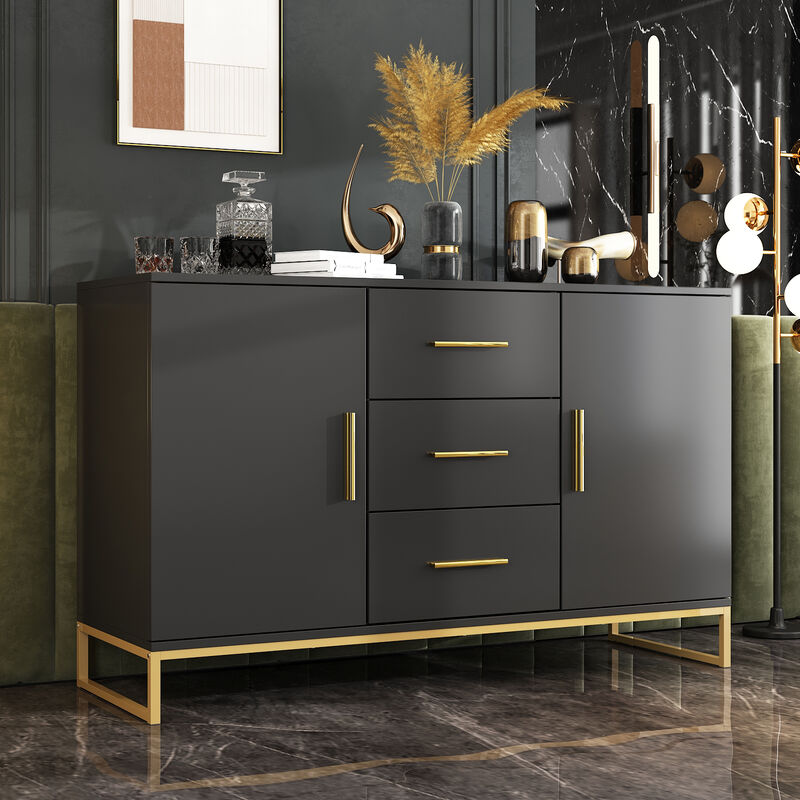 Black Storage Accent Cabinets with 3-Drawers and 2-Cabinets, Metal Legs Cupboard Floor-Standing Sideboard