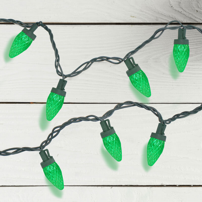 50 Count Green LED C7 Faceted Christmas Lights  20.25 ft Green Wire