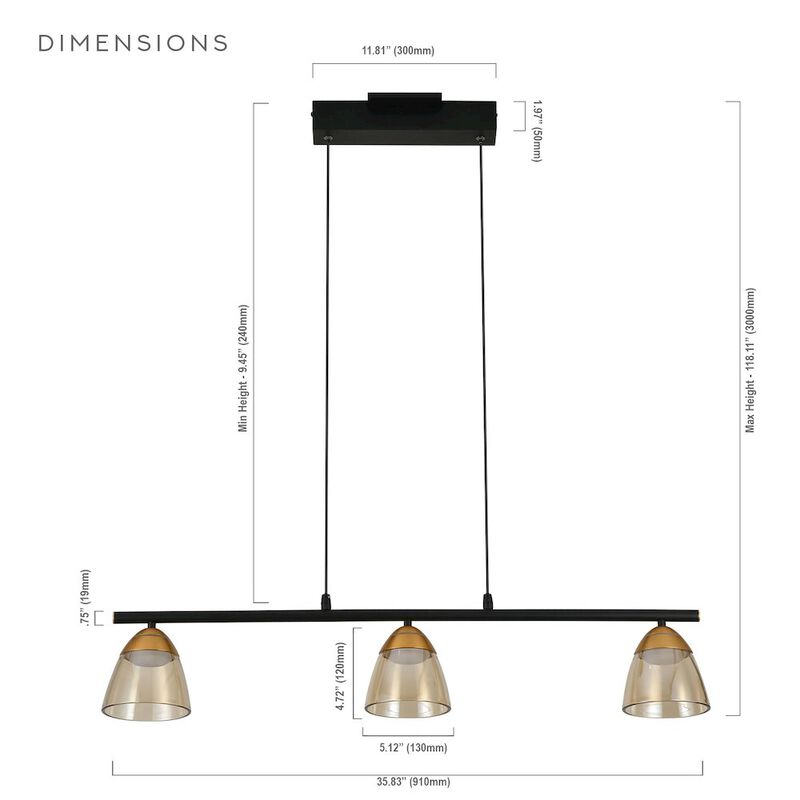 VONN Lighting 3-Light Height Adjustable Pendant Lighting Integrated LED Black Chandelier
