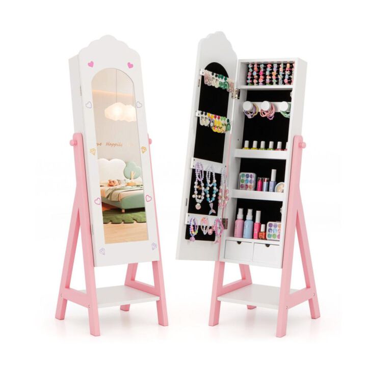 Hivvago Kids Jewelry Organizer with Full Length Mirror Drawers and Storage Shelves