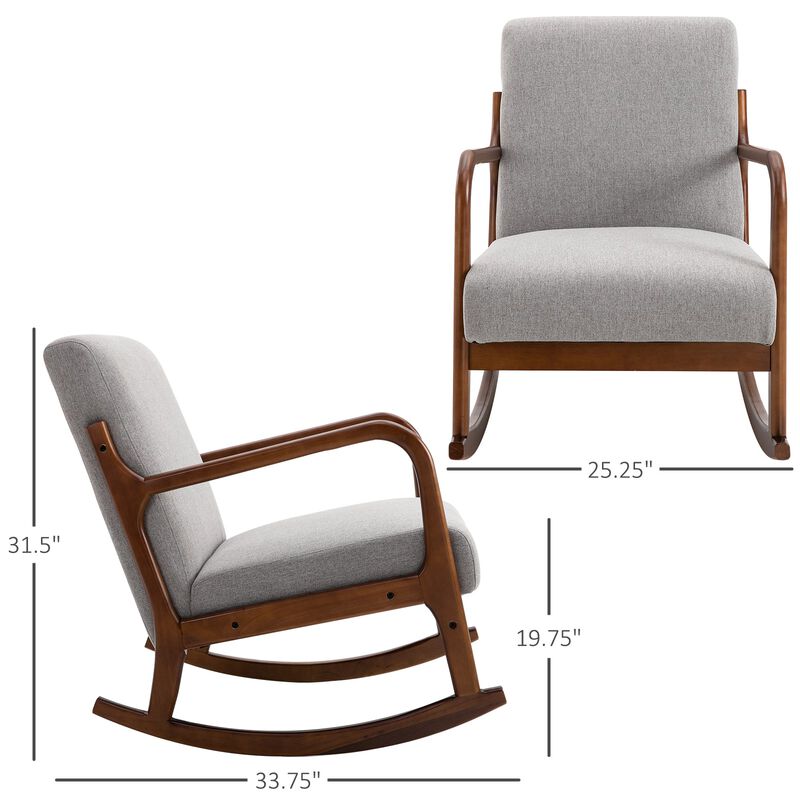 Grey Living Room Rocker: Upholstered Armchair with Wood Base