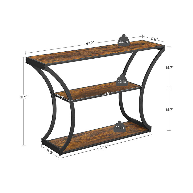 Versatile Hallway Table with Curved Frames - Rustic Brown and Black, 2 Open Shelves