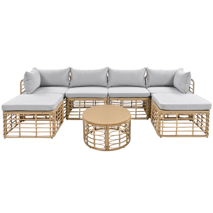 Whisen All-Weather Rattan Sectional Sofa Set with Thick Cushions and Pillows, Freely Combined Conversation Sets