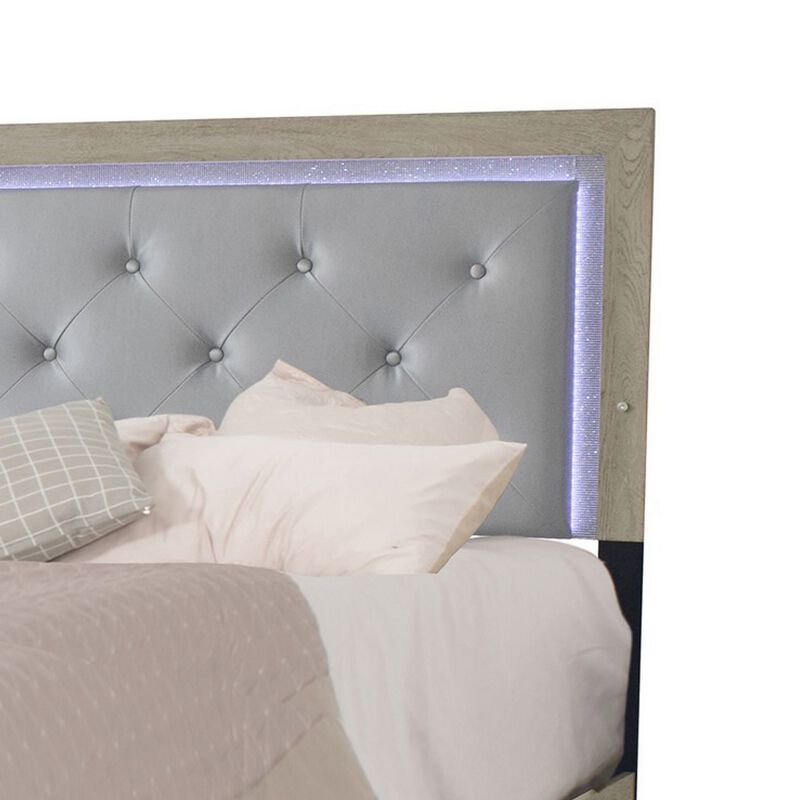 Ancy Queen Size Bed, Tufted and Upholstered Headboard, Light Gray Finish - Benzara