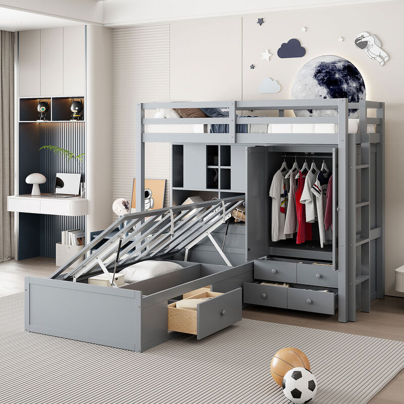 Merax Twin Bunk Bed with Wardrobe and Hydraulic Bed