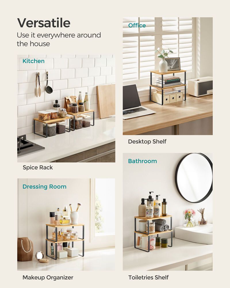 Expandable and Stackable Cabinet Shelf Organizer – Metal and Bamboo Kitchen Counter Shelves, Set of 2