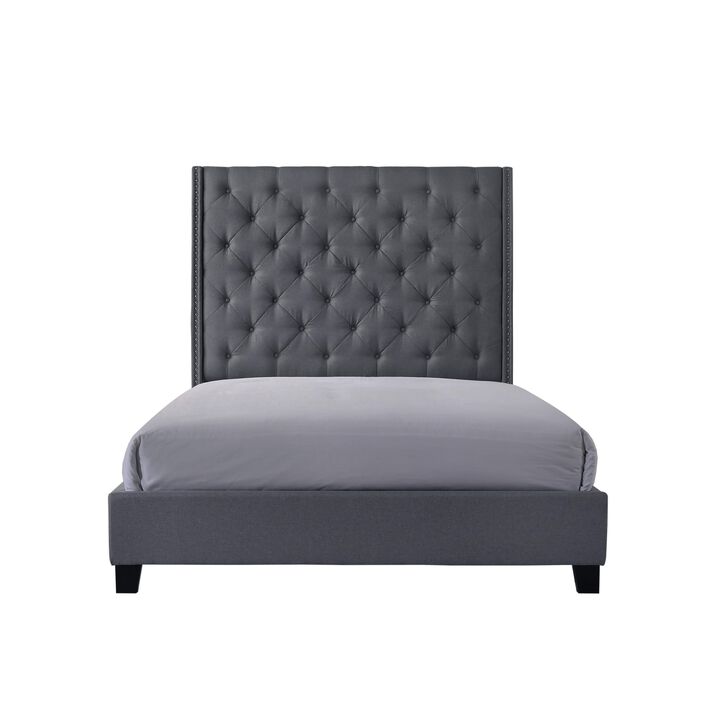 Benjara Maze King Size Bed, Button Tufted, Nailhead Trim, Gray Fabric Upholstery