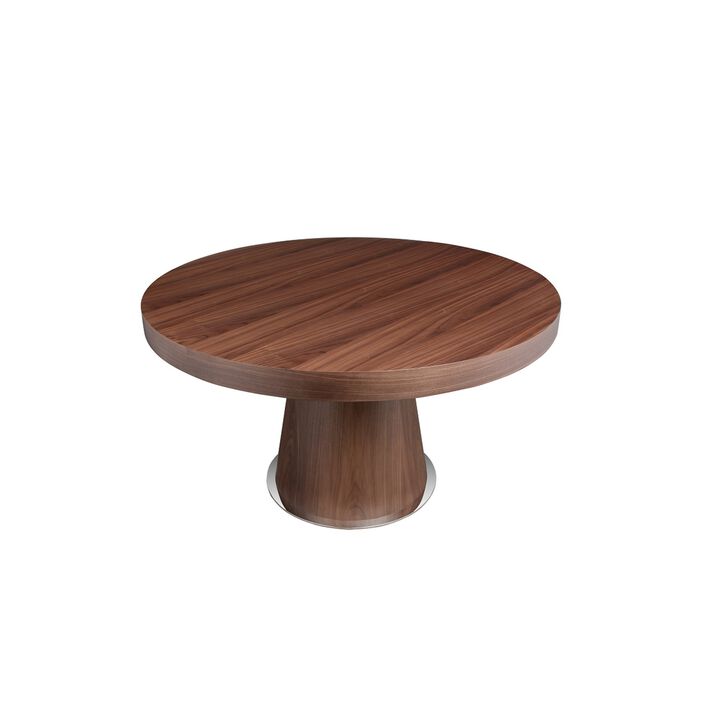 John 53 Inch Dining Table, Walnut Brown Round Wood Top, Padestal Base - Benzara