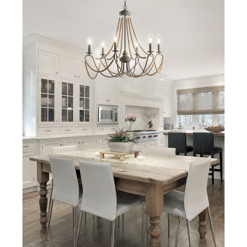 Rustica Adjustable Greige Metal/Wood Bead LED Chandelier