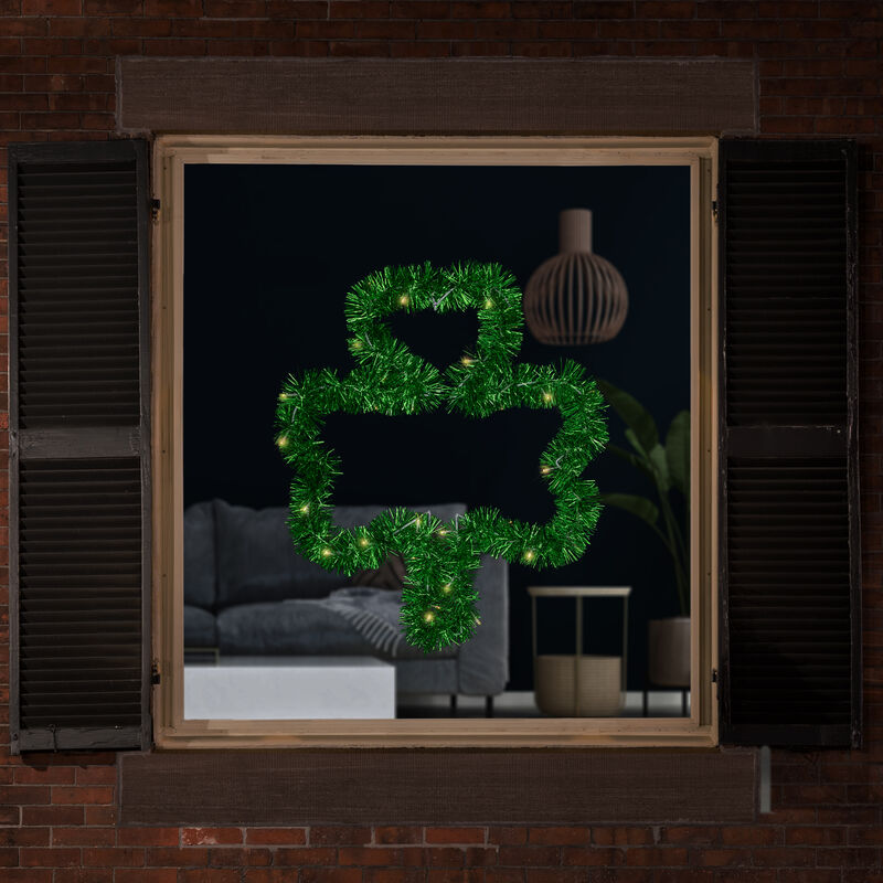 LED Lighted Tinsel Shamrock St. Patrick's Day Window Silhouette - 25" - Green