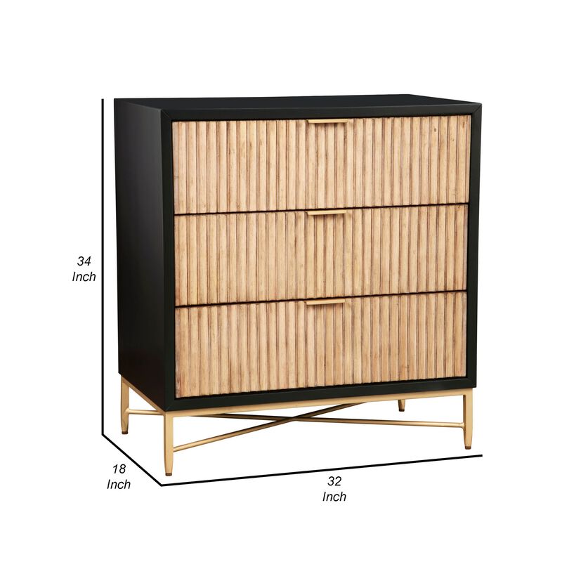 Accent Chest with 3 Corrugated Drawers and Metal Base, Black-Benzara