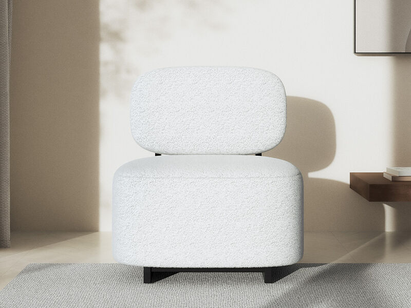 BELLEZE Modern Sherpa Accent Chair with Rubber Wood Base, Upholstered Boucl¨¦ Lounge Chair, Low-Profile Single Sofa Chair with Flat Backrest, Cozy Living Room or Bedroom Chair, White