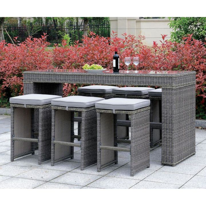 6 Piece Patio Bar Stool In Aluminum Wicker Frame And Padded Fabric Seat, Gray
