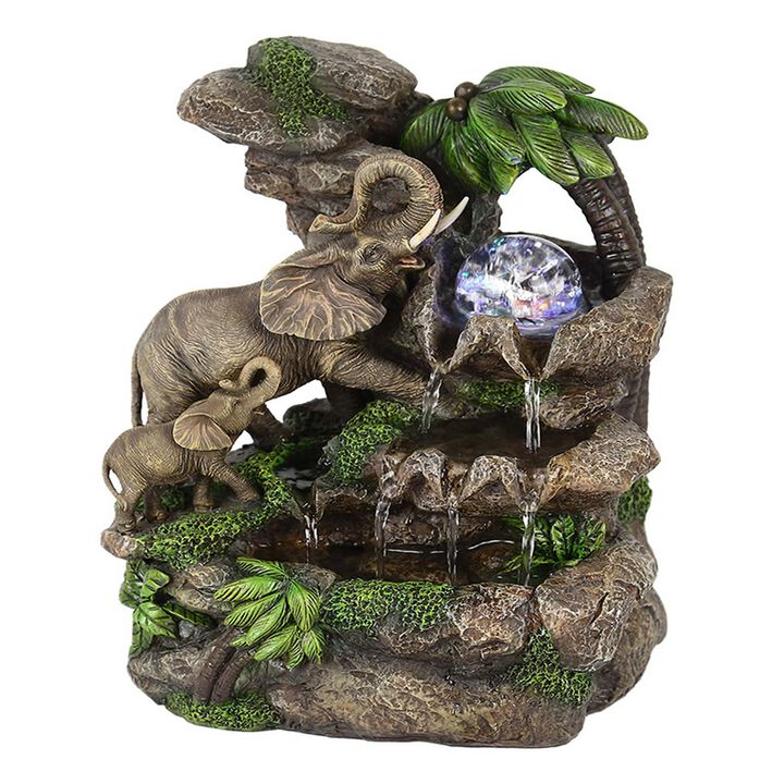 Eci 11 Inch Elephant Tabletop Water Fountain, Crystal LED Light, Multicolor - Benzara
