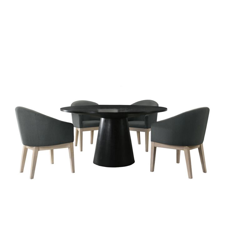 5 Piece Round Dining Table Set, Padded Curved Armchairs, Gray and Beige - Benzara