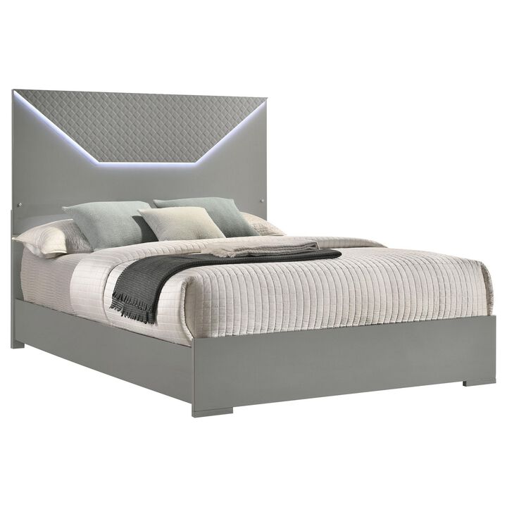 Ivon Queen Size Bed, 3D Embossed LED Headboard, Gray Solid Hardwood - Benzara