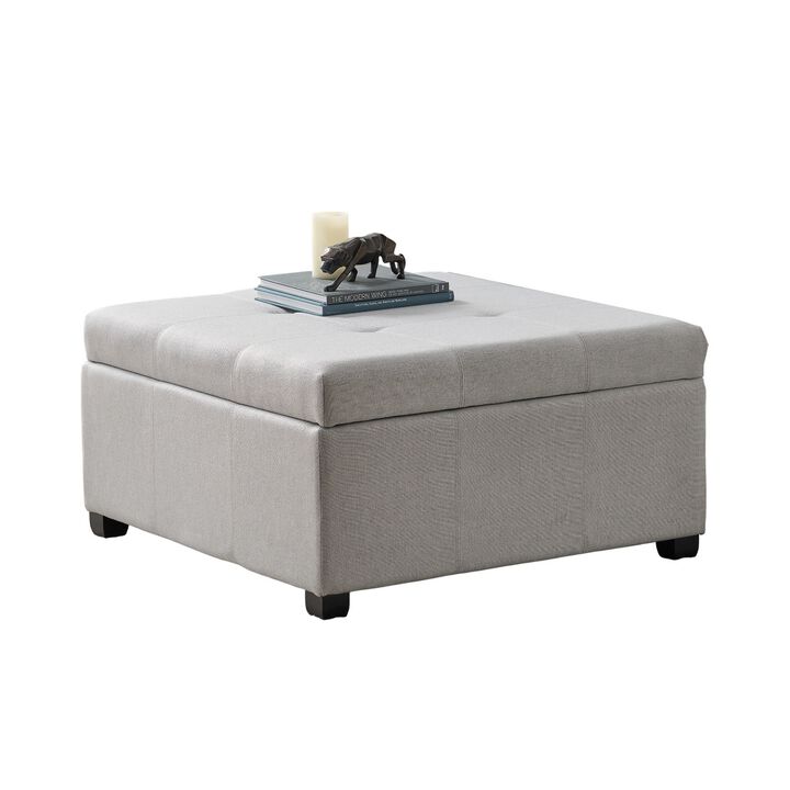 Jyan Square Ottoman, Hidden Storage, 35 Inch, Gray Fabric, Birch Wood - Benzara