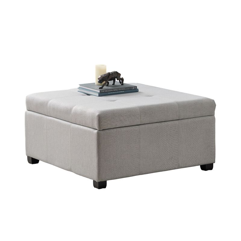 Jyan Square Ottoman, Hidden Storage, 35 Inch, Gray Fabric, Birch Wood - Benzara