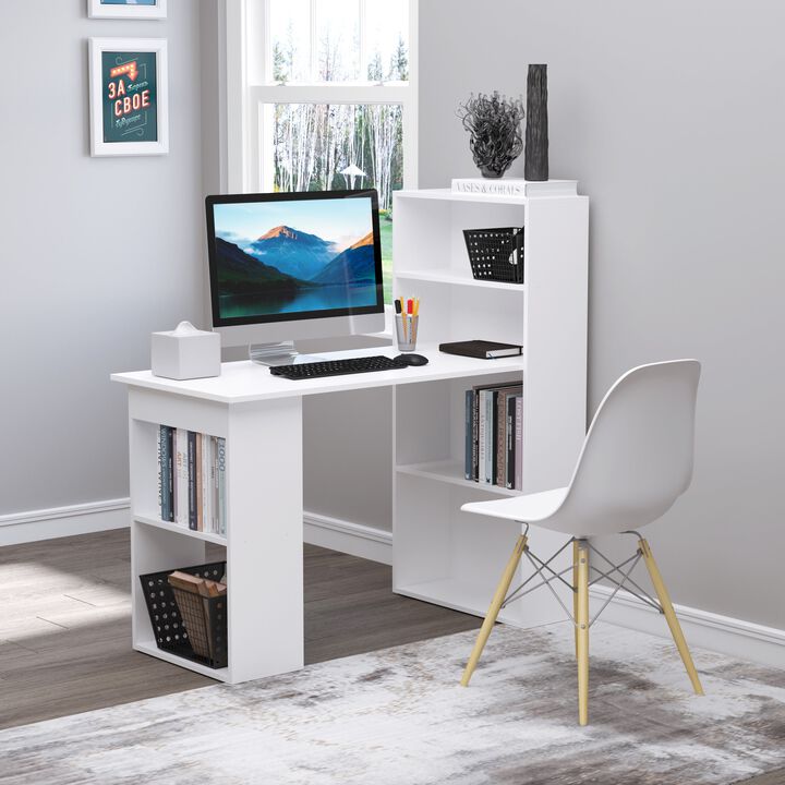 White Multitasking Desk: Modern Computer Workstation with 6-Tier Shelves