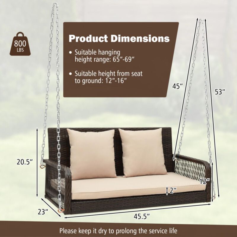 Hivvago 2-Person Outdoor Wicker Porch Swing with Seat and Back Cushions