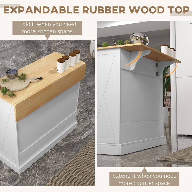 Rolling Kitchen Island with Drop Leaf Wood Breakfast Bar, Farmhouse Kitchen Cart with 2 Drawers, Adjustable Shelves for Dining Room