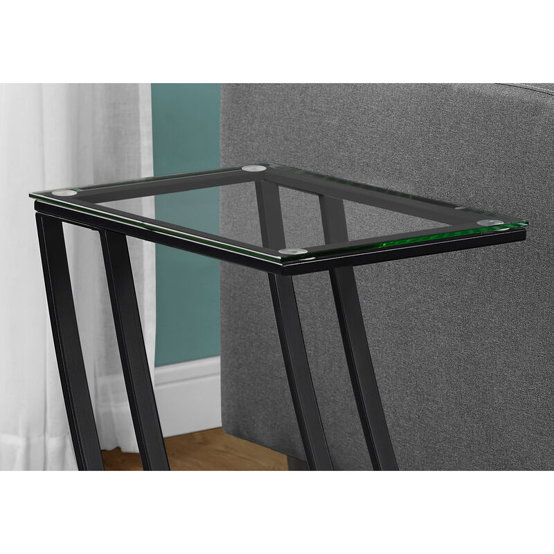 Monarch Specialties I 3089 Accent Table, C-shaped, End, Side, Snack, Living Room, Bedroom, Metal, Tempered Glass, Black, Contemporary, Modern